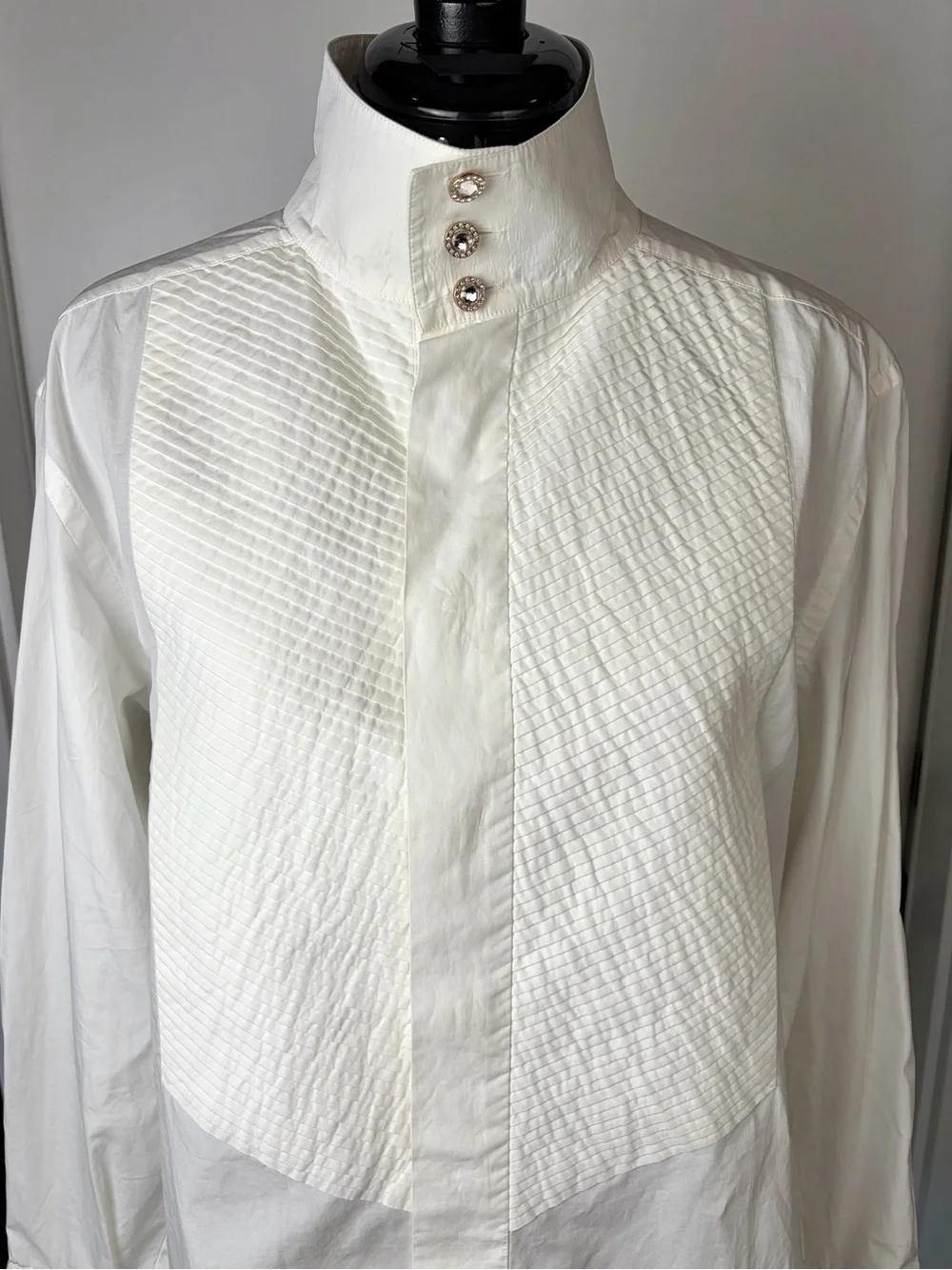 CHANEL VTG 08 Tux Shirt, crystal CC buttons, white, FR46, (fits like M),EUC